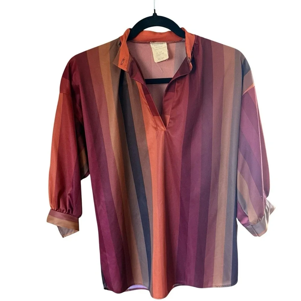 Vintage 70s Sears Blouse Small Top Balloon Sleeve Mandarin Collar Disco Striped - Picture 1 of 16